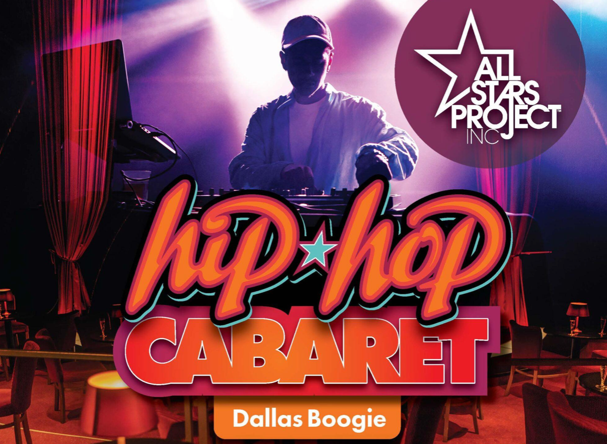 Orange and purple computer illustration of a dj with spotlight behind them and the words "Hip Hop Cabaret".