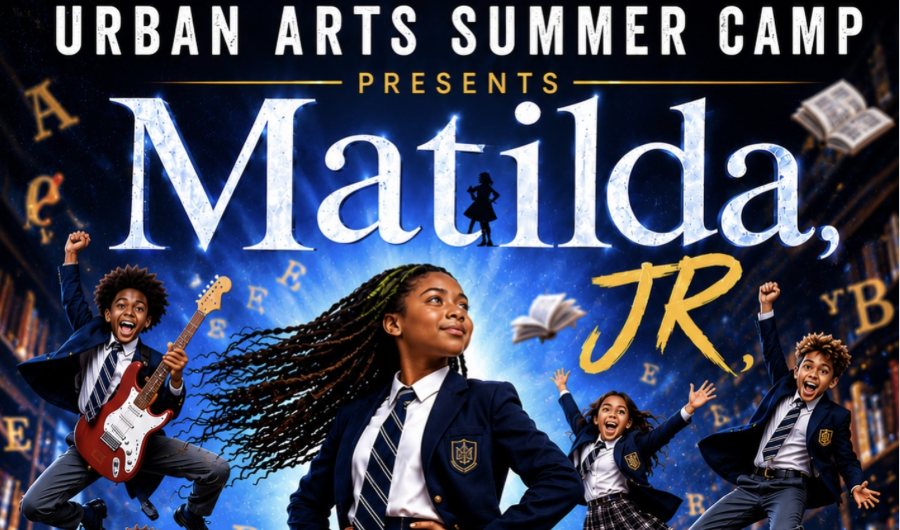 Poster image with children jumping and playing instruments. Reads: Urban arts Summer Camp presents Matilda Jr.