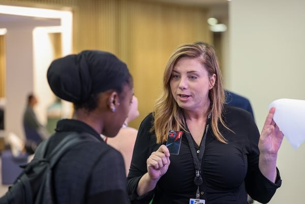 A student speaks to an employer representative.