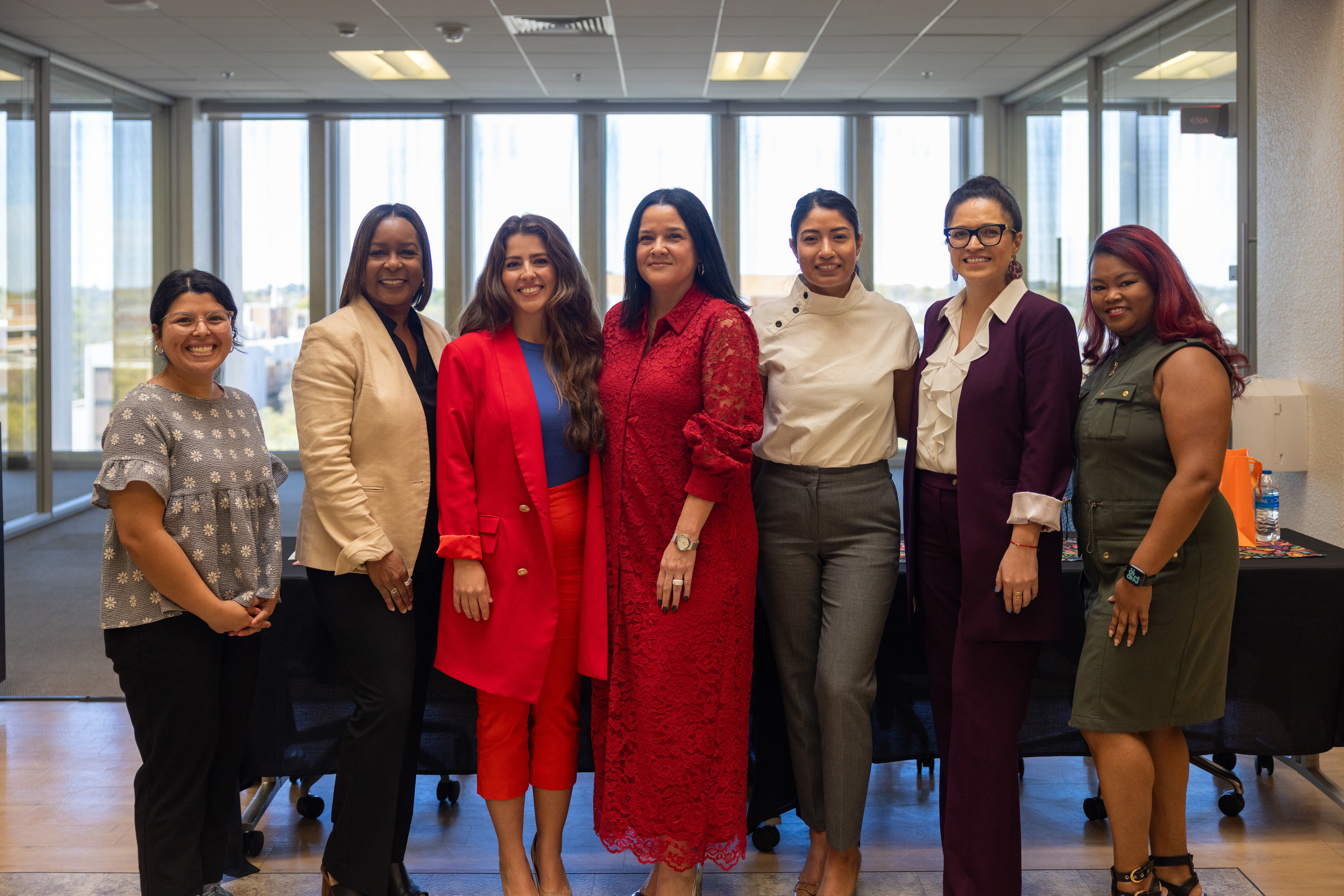 Members of the Latinas in Business panel, The UTA College of Business Office of Access and Achievement, and Hispanic Serving Institutions Initiatives Department pose for a photo during the Latinas in Business event at the University of Texas at Arlington on March 24, 2025. (Photo by Jalen Larry)