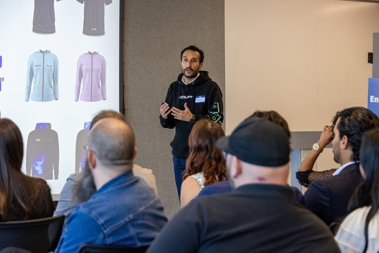 A MAVpitch participant explains his business model to the audience and judges at the 2024 MAVPitch Final Round on August 15th, 2024. (Photo by Jalen Larry)