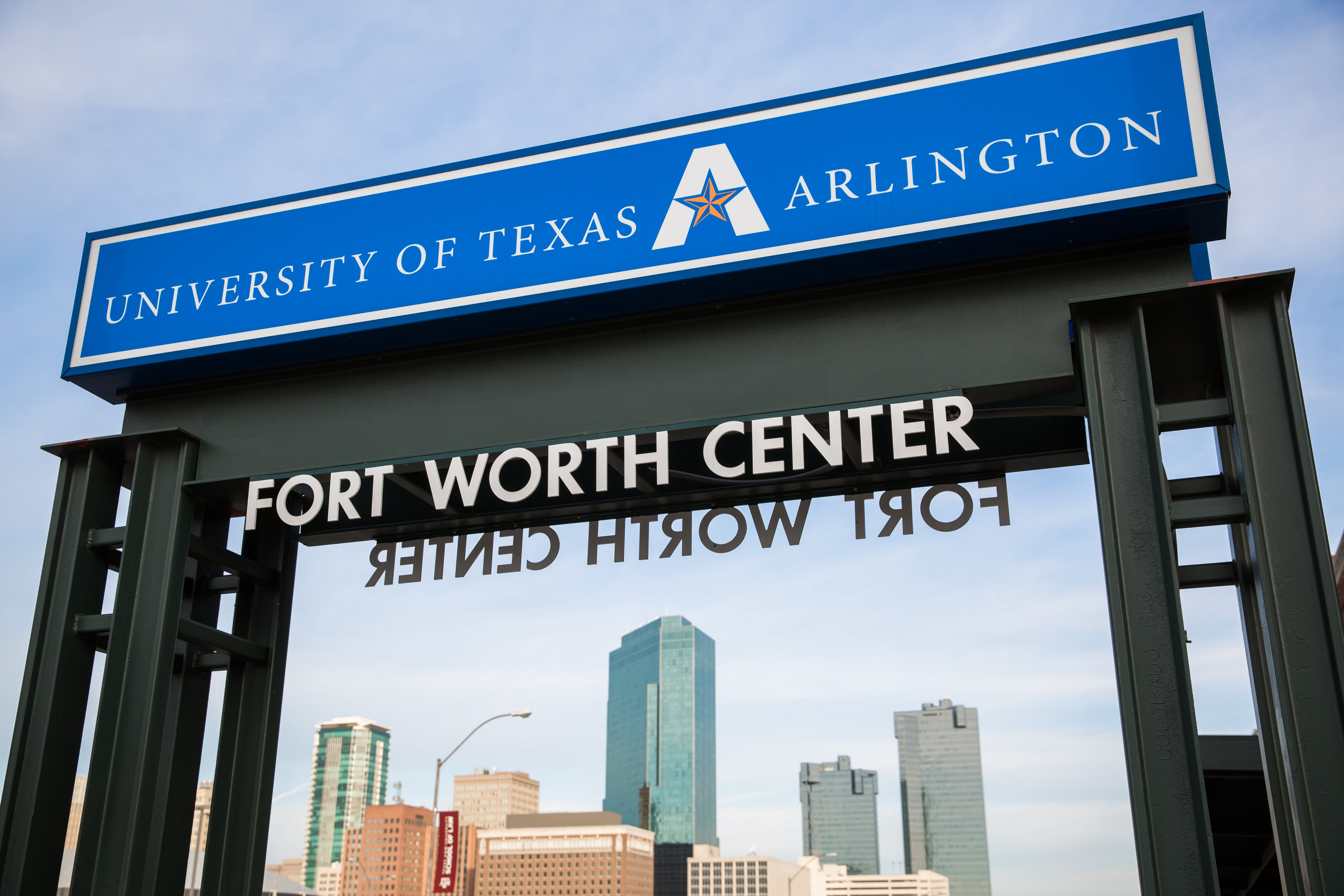 The University of Texas at Arlington Fort Worth Center sign encapsulates the Fort Worth Skyline. (Courtesy photo)