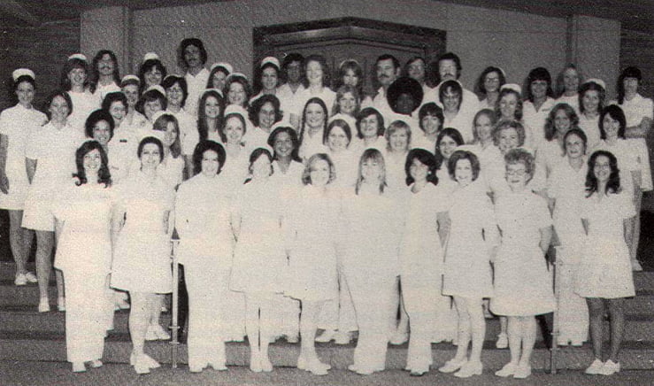Graduating class of 1974 consisting of about 55 students from the U T School of Nursing at Fort Worth