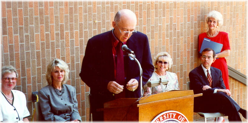 U T A President Nedderman speaking at a ceremony for Dr. Myrna Pickard in 1995, where the Nursing Building was renamed Pickard Hall in her honor.