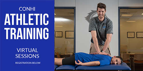CONHI Athletic Training Virtual Sessions Learn more here. Kinesiology student pressing on back of another student on a padded table.