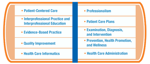 Patient-Centered Care, Interprofessional Practice and Interprofessional Education, Evidence-Based Practice, Quality Improvement, Health Care Informatics, Professionalism, Patient Care Plans, Examination, Diagnosis, and Intervention, Prevention, Health Promotion, and Wellness, Health Care Administration