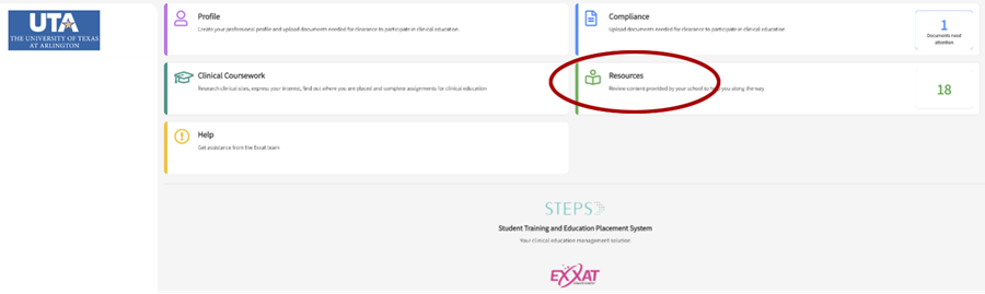 Exxat page with "Resources" circled