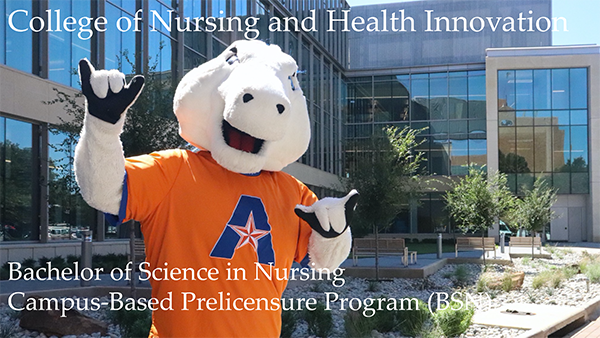 CONHI B S N Campus-Based Prelicensure Program. Mascot, Blaze the horse showing "mavs-up" hand sign