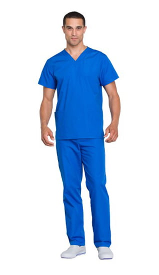 male nurse in royal blue scrubs