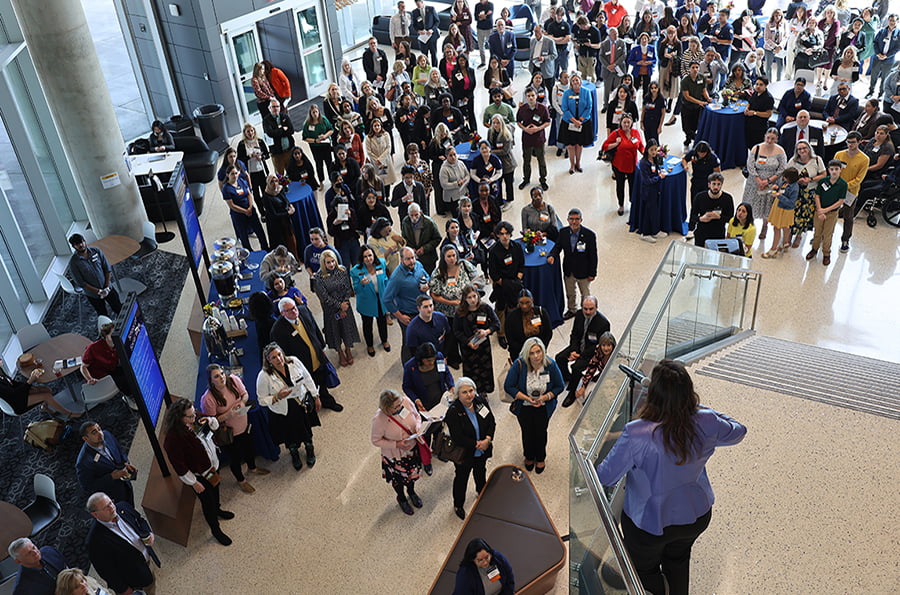 President Cowley speaking at Dream Makers reception from the stairwell