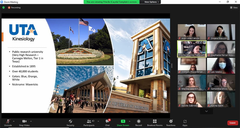 Zoom screen of U T A Kinesiology Dept. logo and Arlington flower garden with flag, various pictures of students along the right side