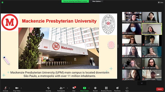  Zoom screen of Mackenzie Presbyterian University logo and building with pictures of students along the side