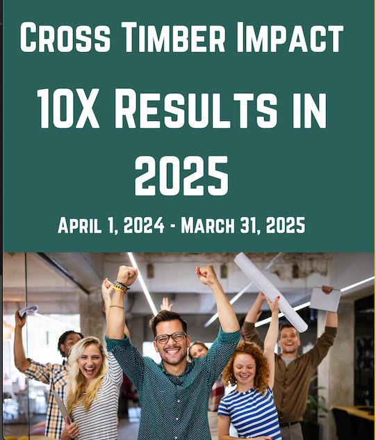 CrossTimber Impact 10X Results in 2025, April 1, 2024 - March 21, 2025. People lifting up their arms in gleeful celebration