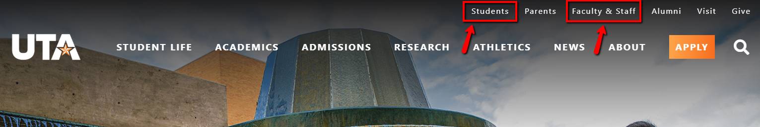 illustrates location of Student and Faculty links on the main UTA page