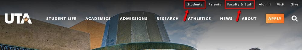 illustrates location of Student and Faculty links on the main UTA page