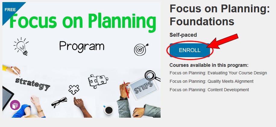 Screenshot of course listing with the Enroll button highlighted.