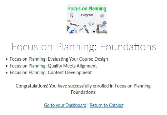 Screenshot of program listing with success measure that "you have successfully enrolled". 
