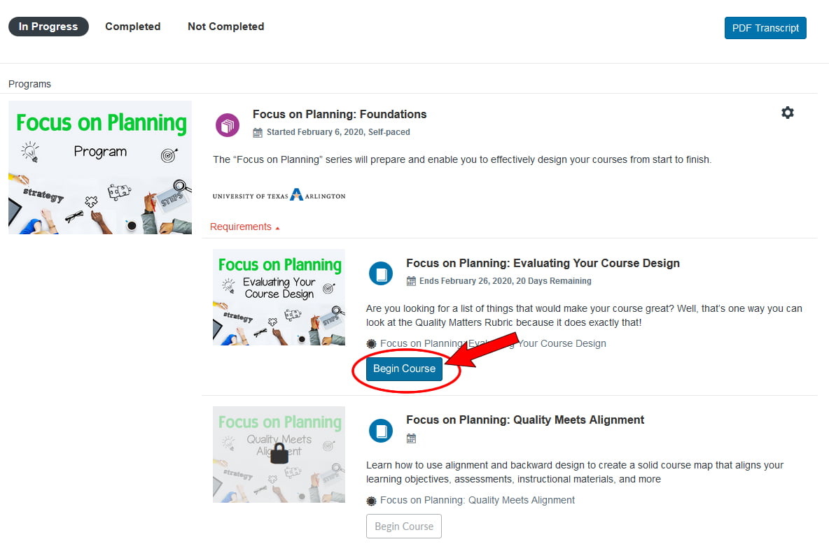 Screenshot of a Catalog dashboard with a program listing and the first course's Begin Course button highlighted.