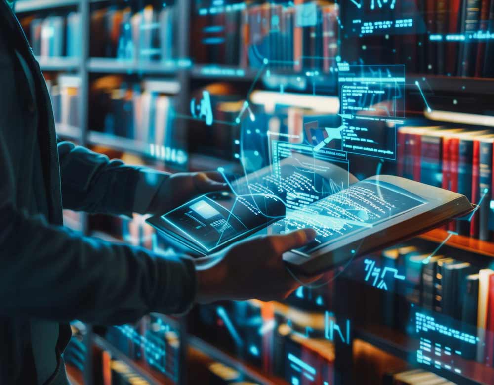Graphic of book and a person's hands between shelves in a library.  Graphic neon blue lines give the impression of technology and data moving.