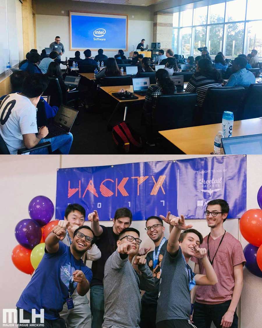 Students at a Blockchain student organization meeting and students at a hackathon.