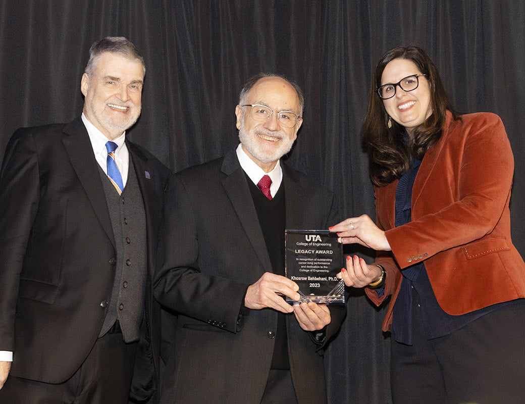Dean Peter Crouch, Dr Khosrow Behbehani and UTA President Jennifer Cowley with Behbehani's Legacy Award