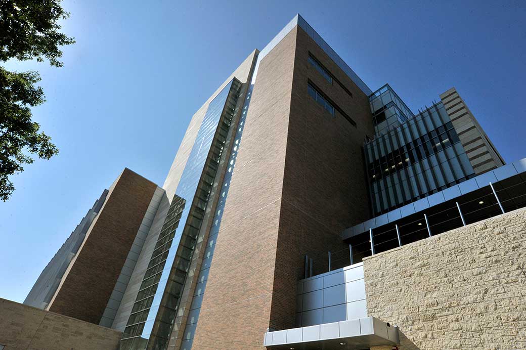 UTA Engineering Research Building photo of corner rising high above viewer