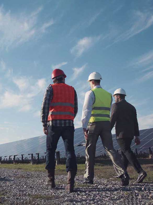Three Resource and Energy Engineers walk past a row of solar panels.