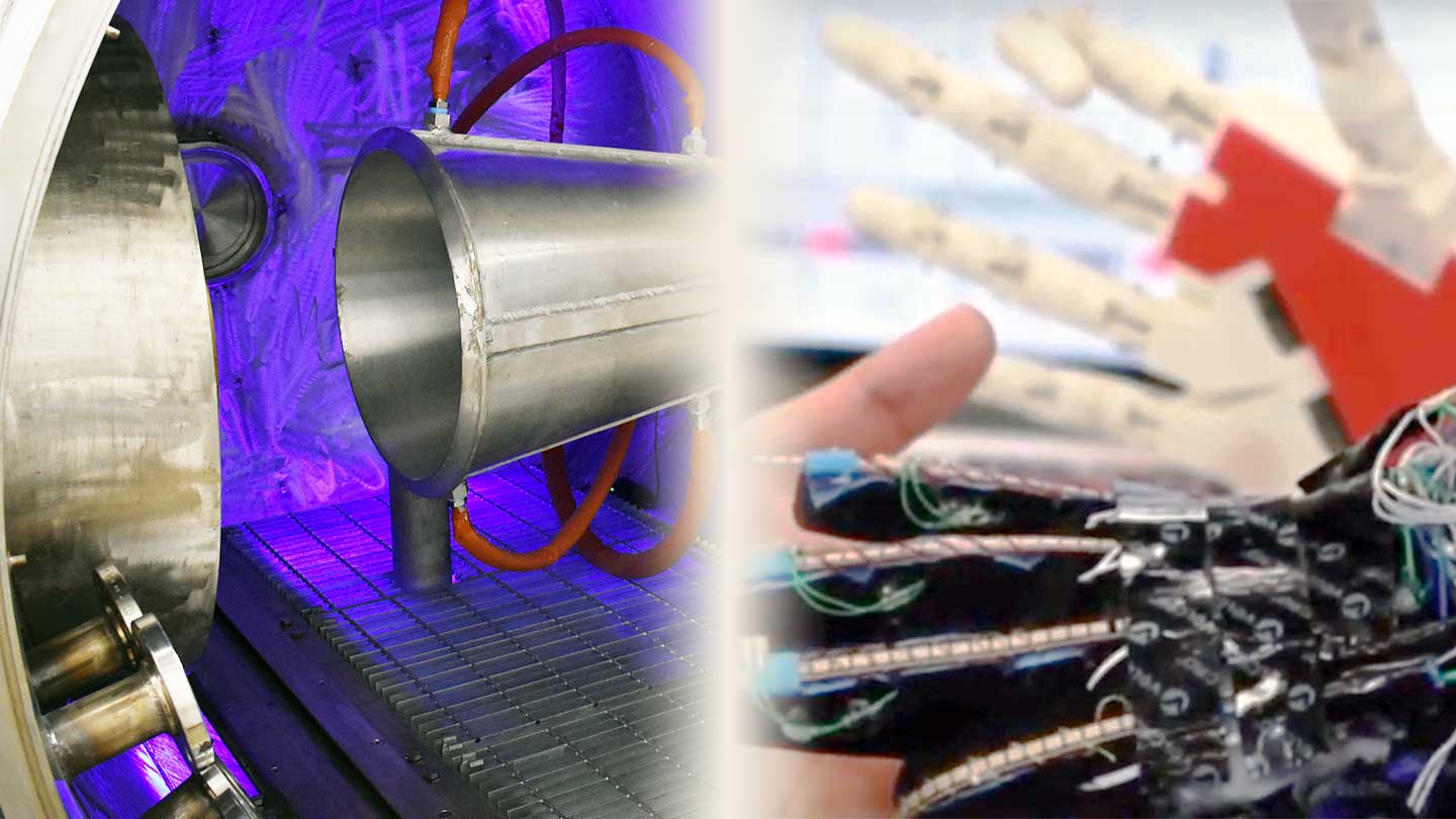On the left, UTA's hypersonic wind tunnel. On the right, robotic hand controlled by human hand in a glove