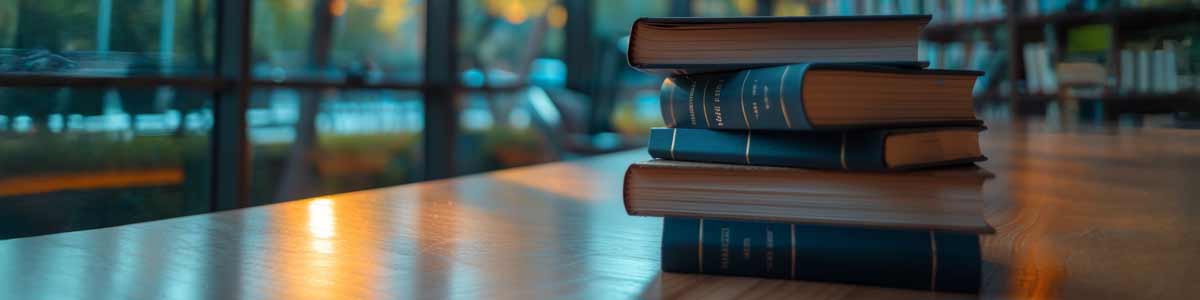 Books on a table in front of a bookshelf and a window.