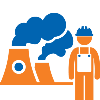 Icon of worker in front of nuclear power plant