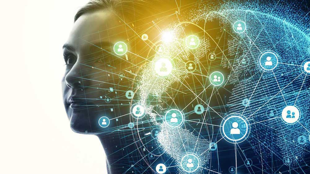 Graphic of woman's face and sphere representing data connections