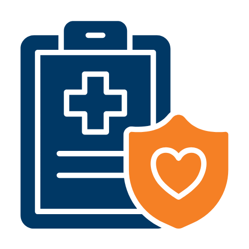 blue clipboard with orange heart shield icon
