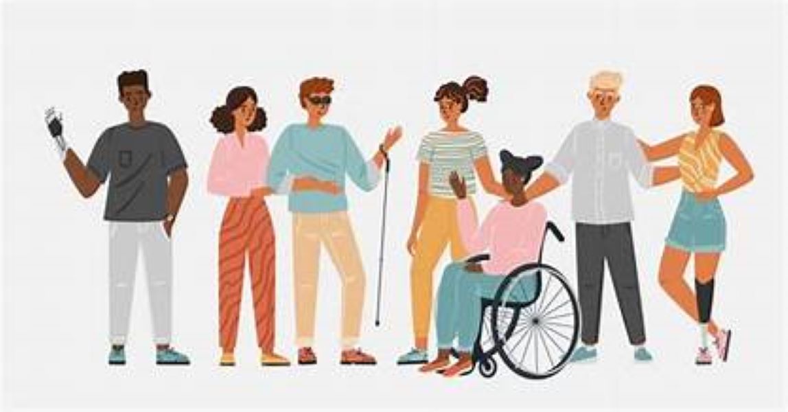 cartoon image of a group of people with various disabilities