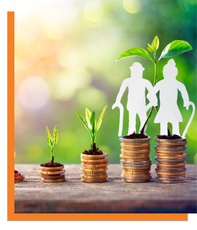 coins with plants and retirement people on stack of coins