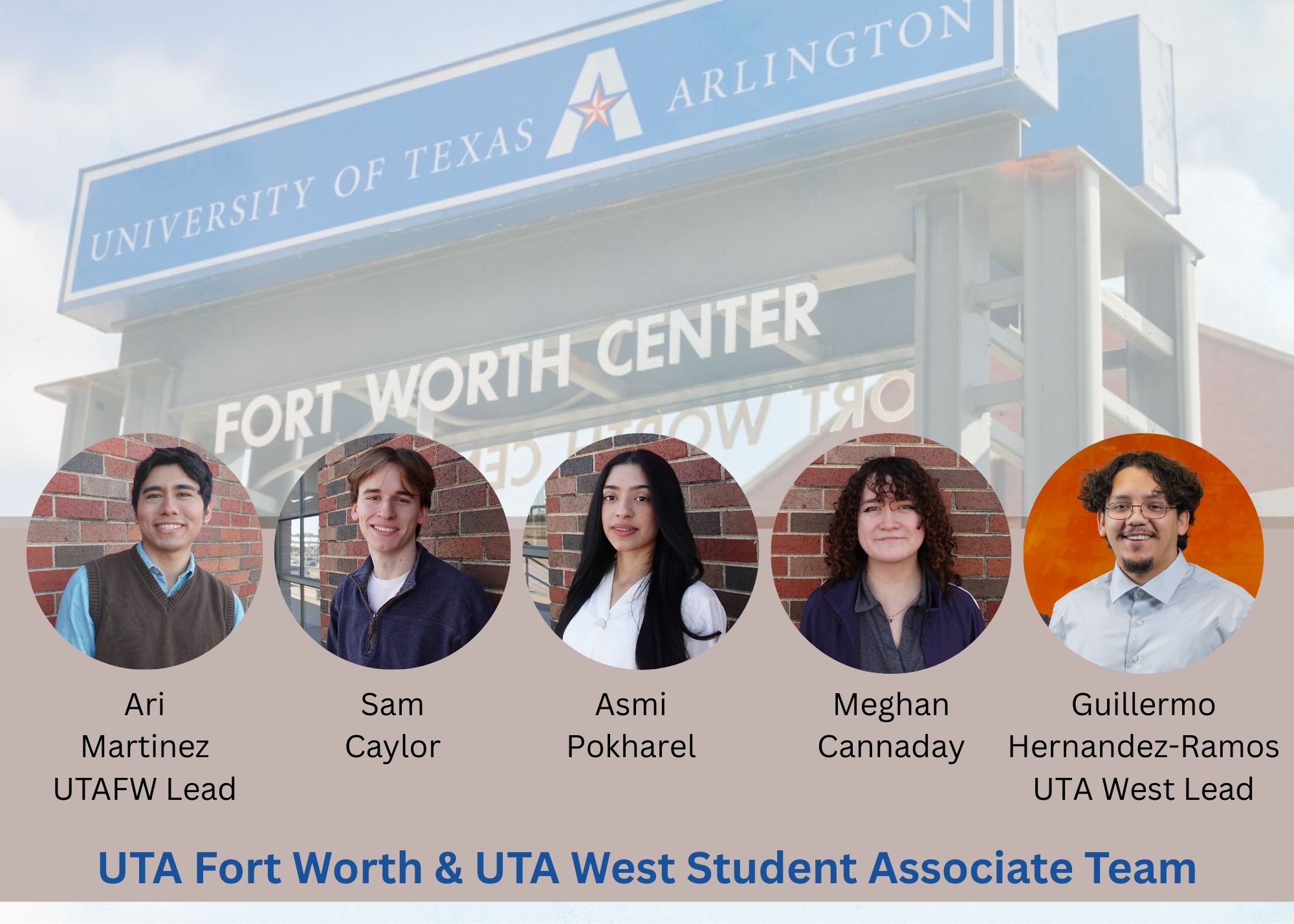 banner with several photographs of students for the UTA West and UTA Fort Worth student associate team