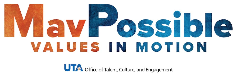 orange and blue letters that say Mav Possible Values in Motion