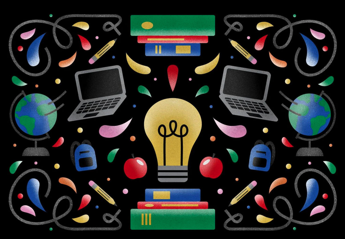 cartoon image with school books laptops and a lightbulb