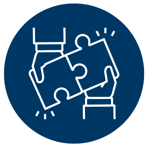 blue and white puzzle with hands icon