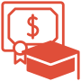 orange icon of a graduation cap and a dollar bill