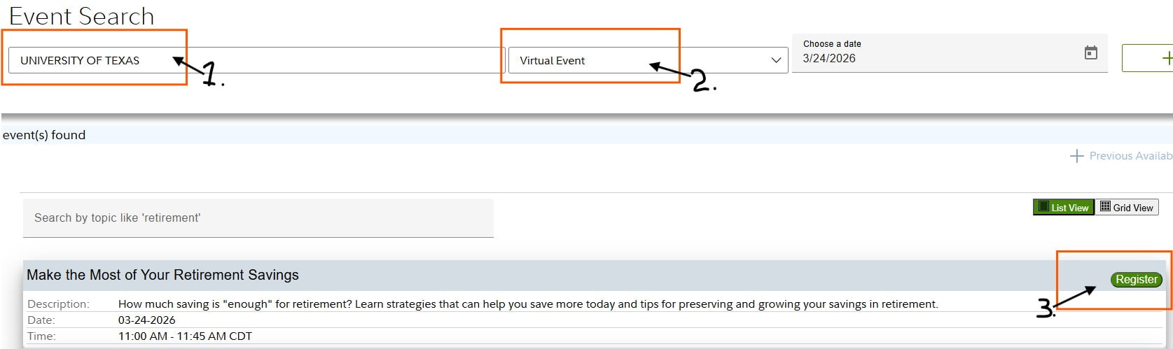 Screenshot of fidelity registration platform on class registration steps