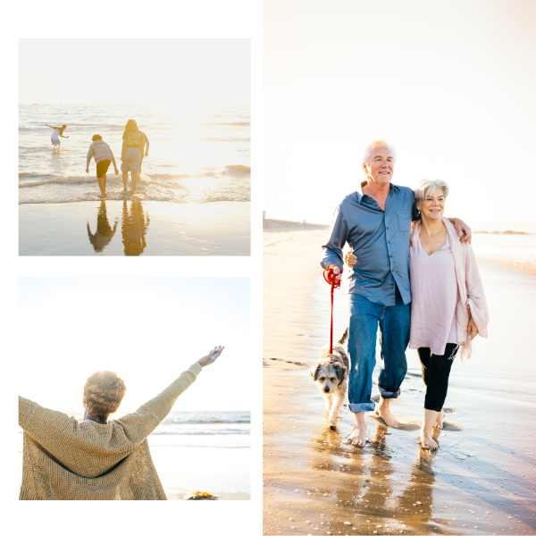 three images of retirees on a beach