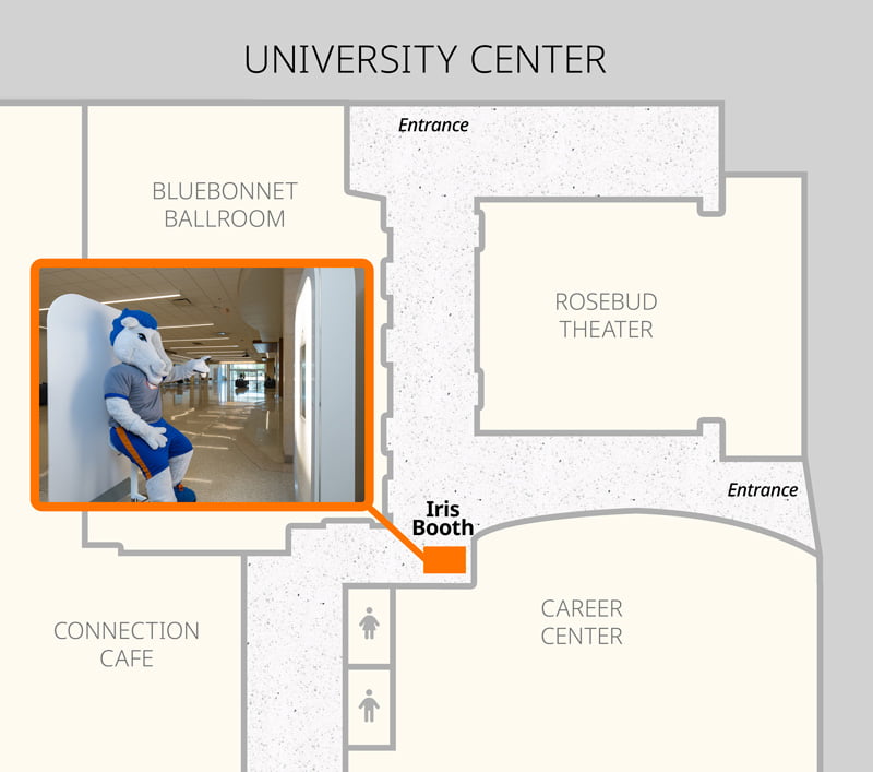 Iris Booth Map, in the university center outside of career center