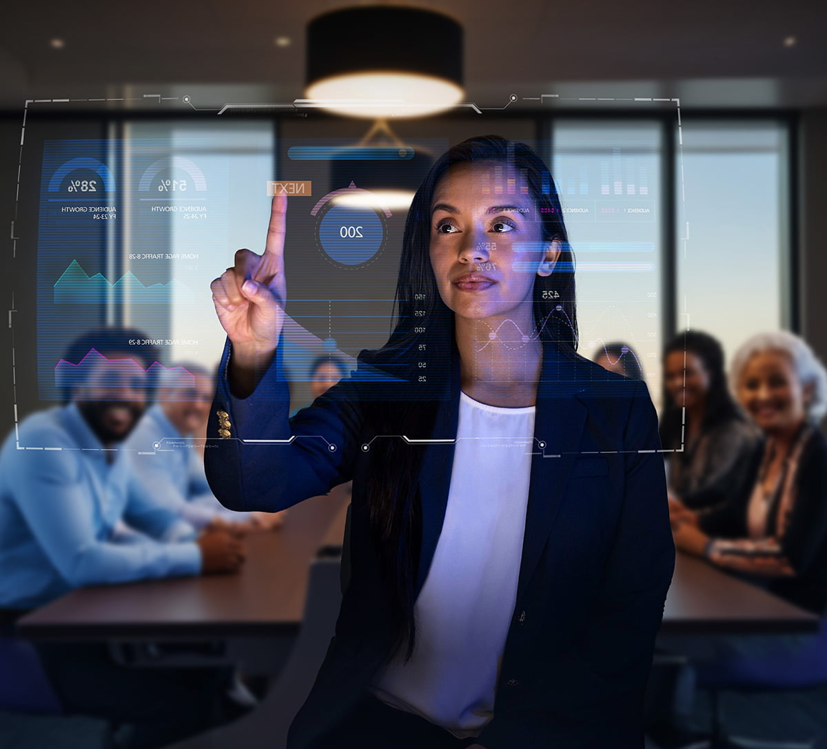 A woman interacting with a screen