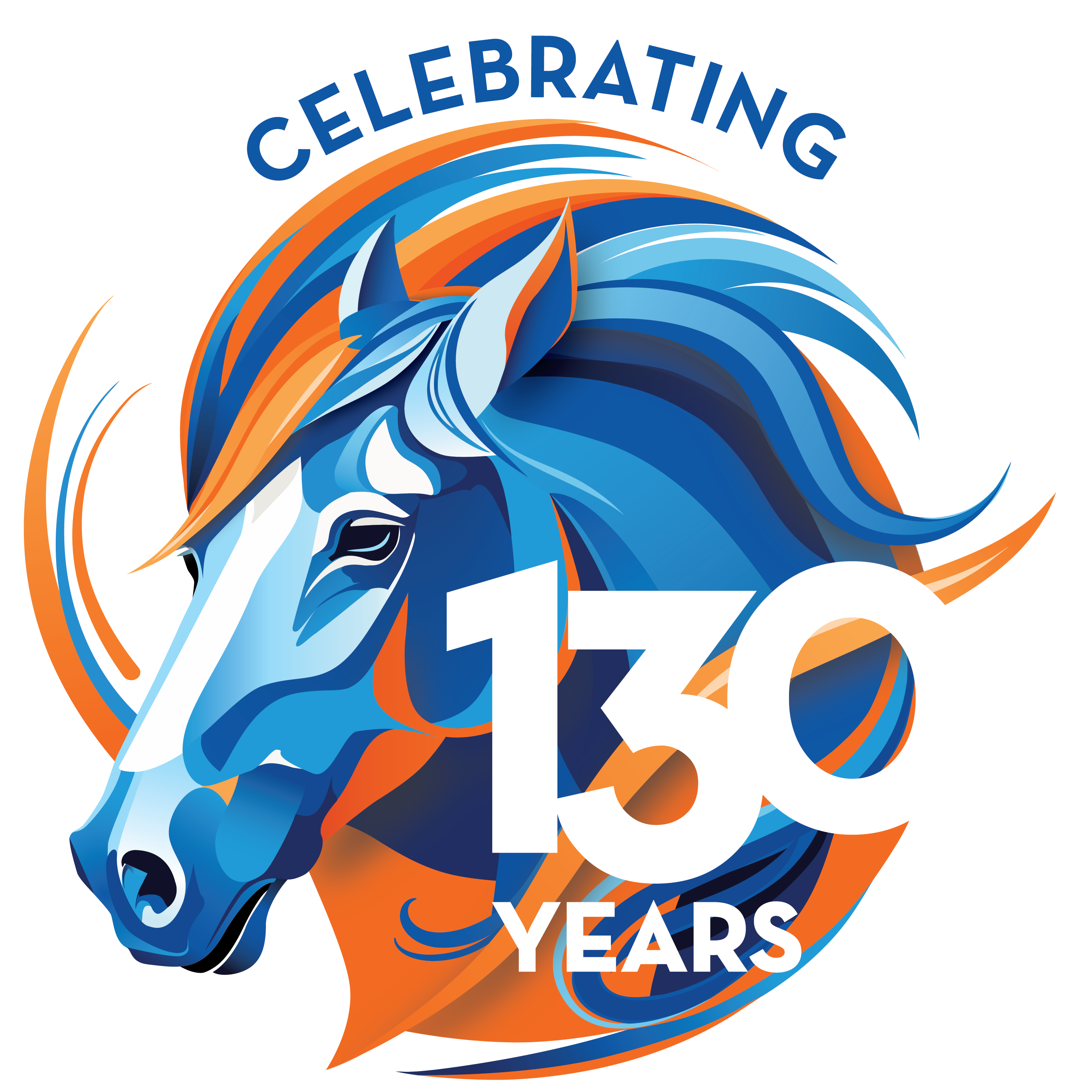 a circle logo with a blue and orange horse and the text celebrating 130 years