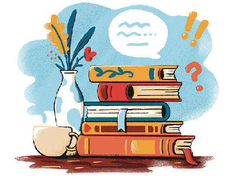 A character reading a book in front of a tall bookshelf, emphasizing a quiet and studious environment.