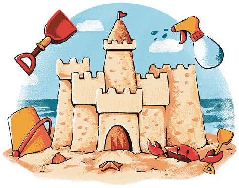 A beach scene with a sandcastle being built by a character, with the ocean and sky in the background.