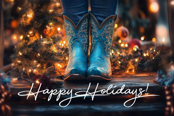 Happy Holidays infront of blue boots