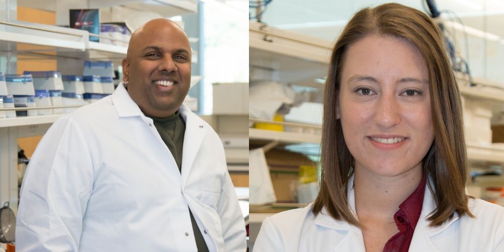 Venu Varanasi, associate professor in the Bone Muscle Research Center at UTA and Sara Peper, a bioengineering graduate student in Varanasi’s lab" _languageinserted="true