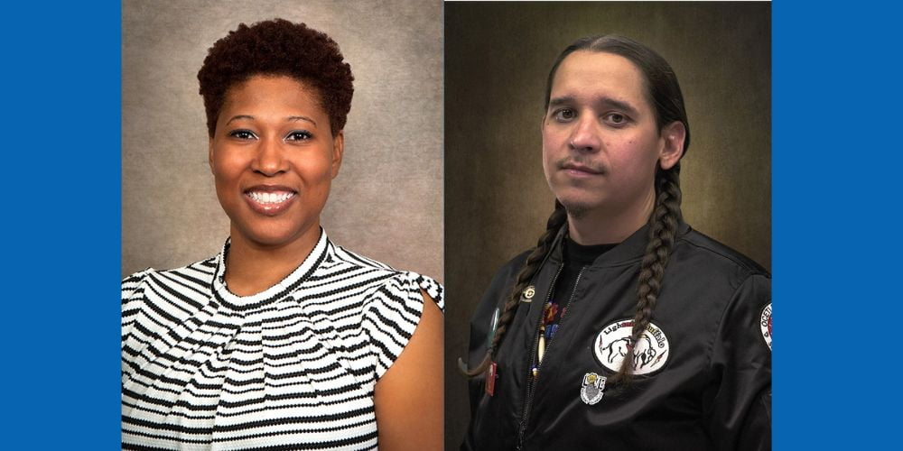 Professor Sherece Shavel and student Stephen Silva Brave pose for headshot photos" _languageinserted="true