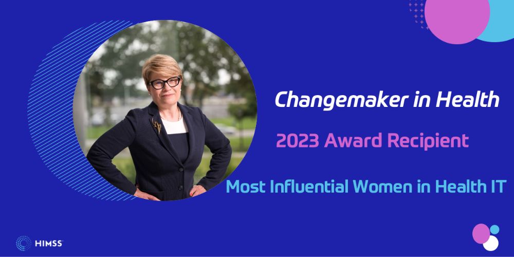 Photo of Gabriela Wilson with words: "Changemaker in Health, 2023 Award Recipient, Most Influential Women in Health IT"" _languageinserted="true